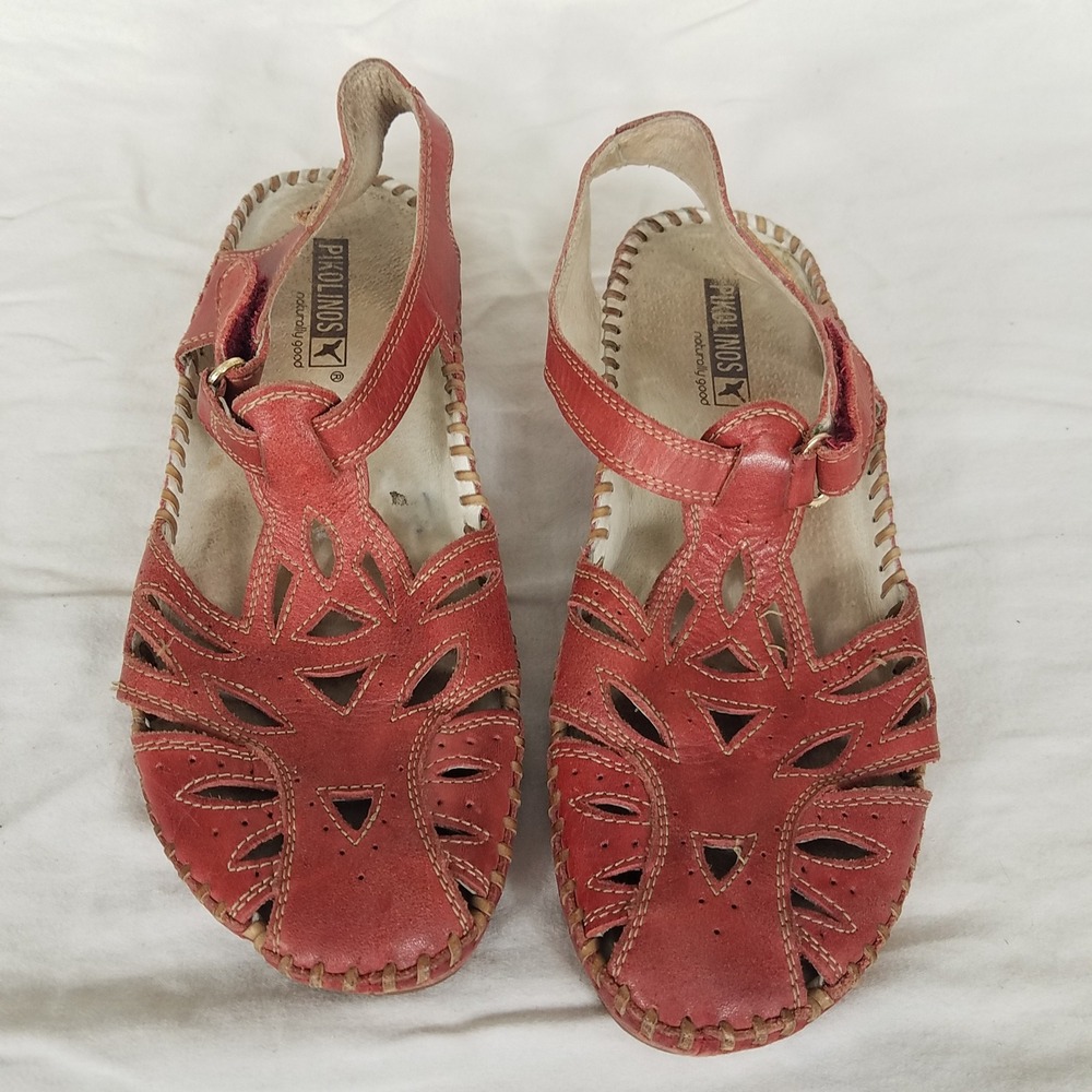 Pikolinos Puerto Vallarta Sandals Womens 38 Red Leather Cutout Flats Artisan